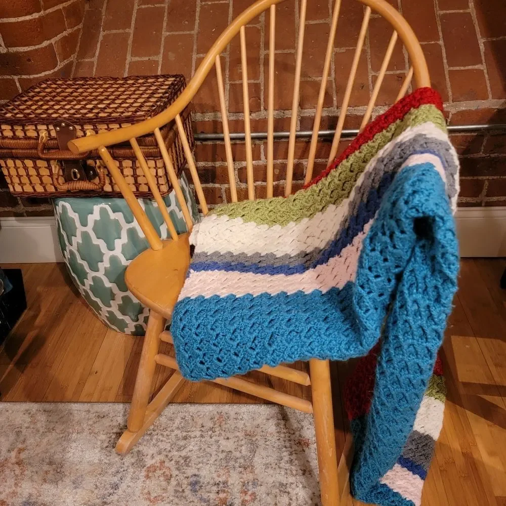 Vintage Granny Crochet Afghan Throw baby Blanket Handmade Multi Color striped